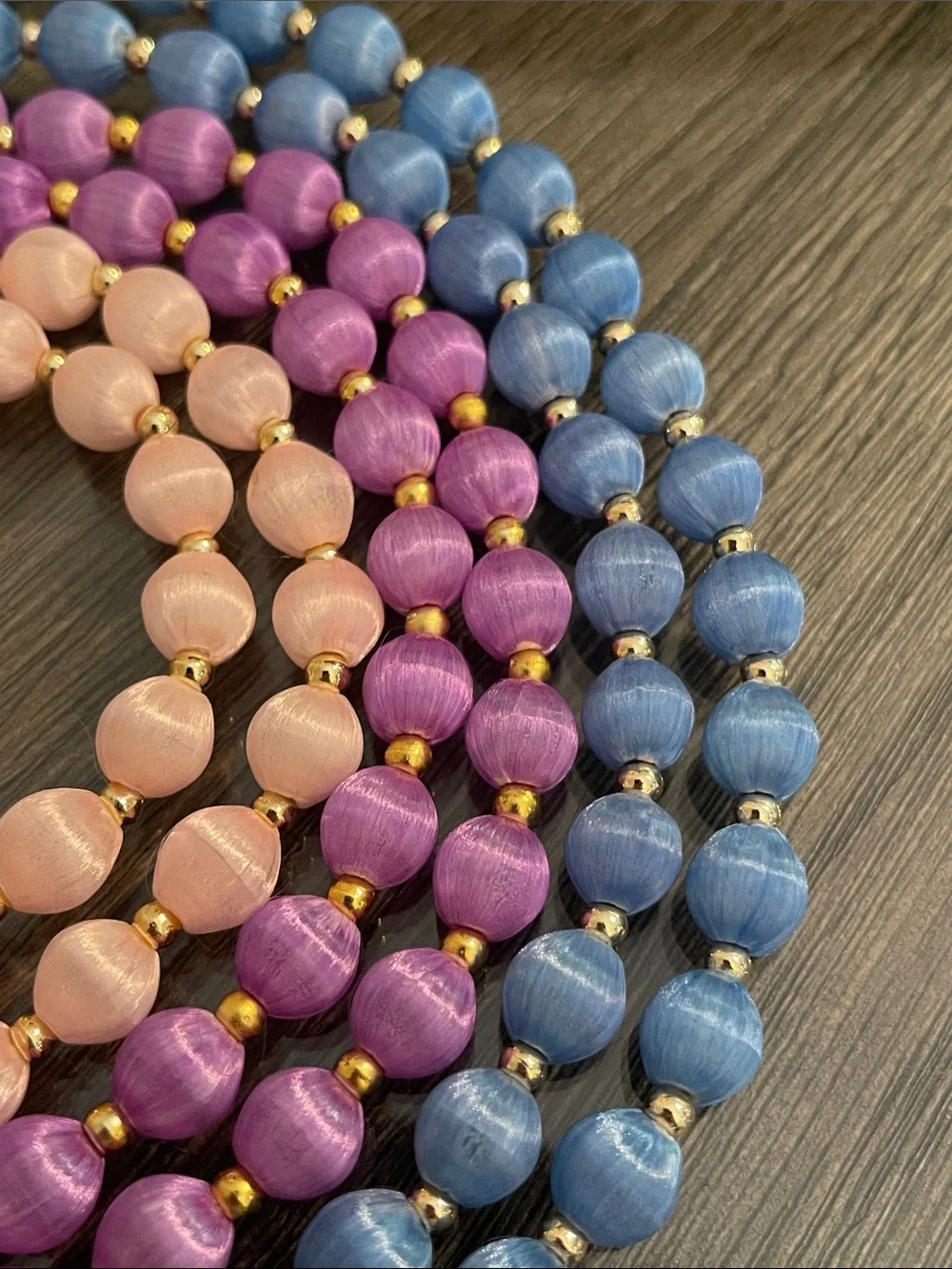 Vintage 3 Necklaces with Spun Silk Satin Beads Gold Tone Spacers 30 In. Approx